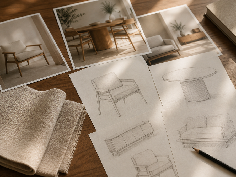 Reference photos and hand sketches for a furniture idea